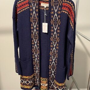 Navy and Orange Patterned Cardigan . Lucky Brand Item # 11147